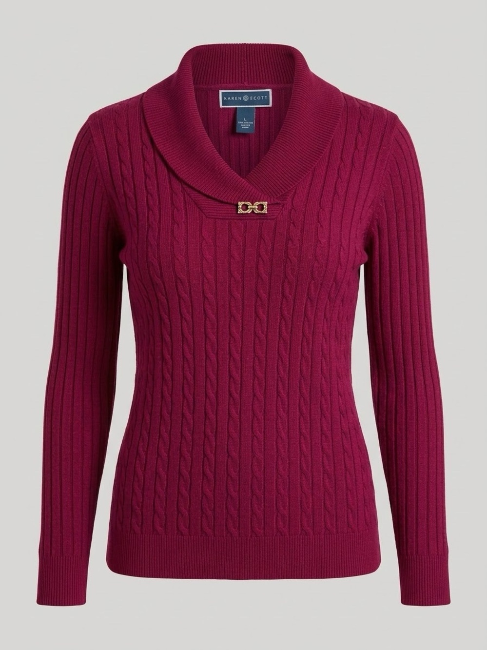 Karen Scott Magenta Cotton Cable Knit Sweater Shawl Neck Size Large